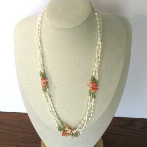 Rice Pearl Jade Coral Necklace Vintage Hawaii